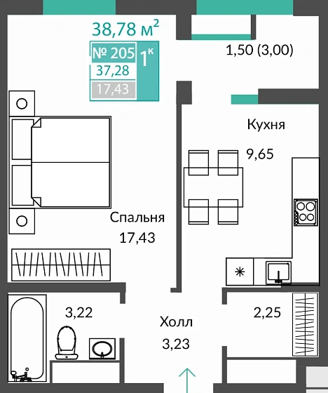 Квартира 1-комн. 37.28 кв.м