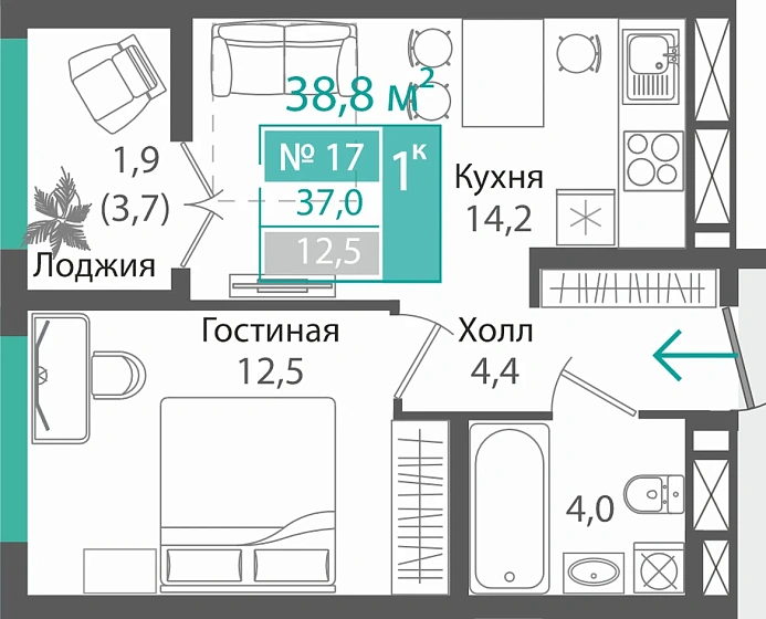 Квартира 1-комн. 37 кв.м