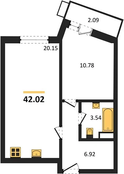 Квартира 1-комн. 42.02 кв. м