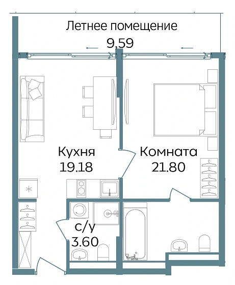 Апартаменты 2-комн. 54.17 кв. м