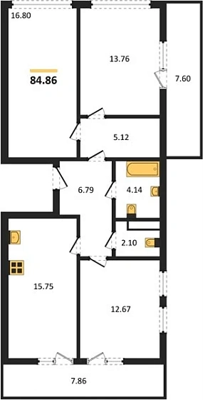 Квартира 3-комн. 84.86 кв. м