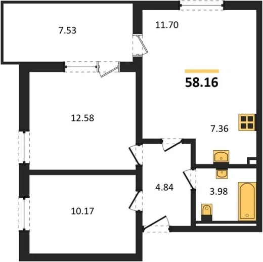 Квартира 2-комн. 58.16 кв. м