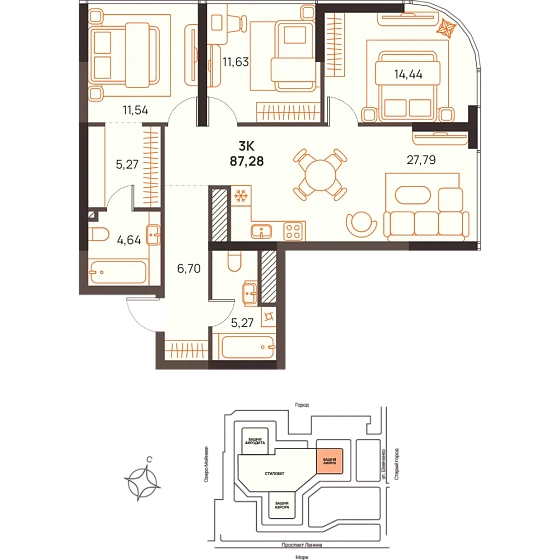 Квартира 3-комн. 87.28 кв. м