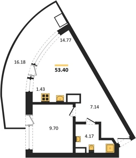 Апартаменты 1-комн. 53.4 кв. м