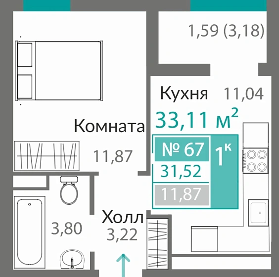 Квартира 1-комн. 31.52 кв.м