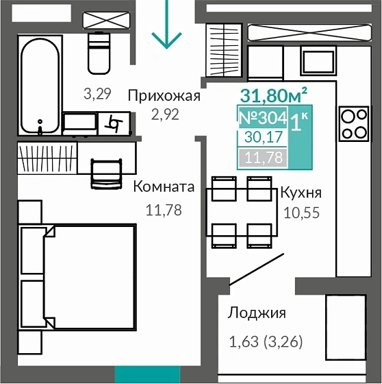 Квартира 1-комн. 30.17 кв.м