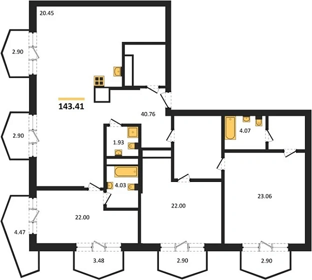 Квартира 3-комн. 143.41 кв. м