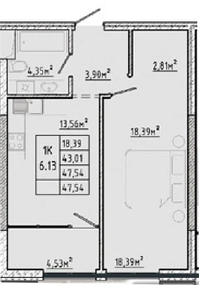 Квартира 1-комн. 47.54 кв. м