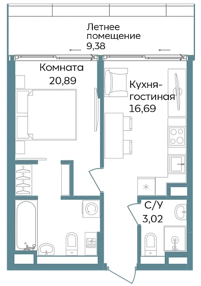 Апартаменты 2-комн. 49.98 кв. м
