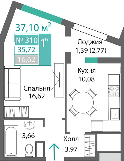 Квартира 1-комн. 35.72 кв.м