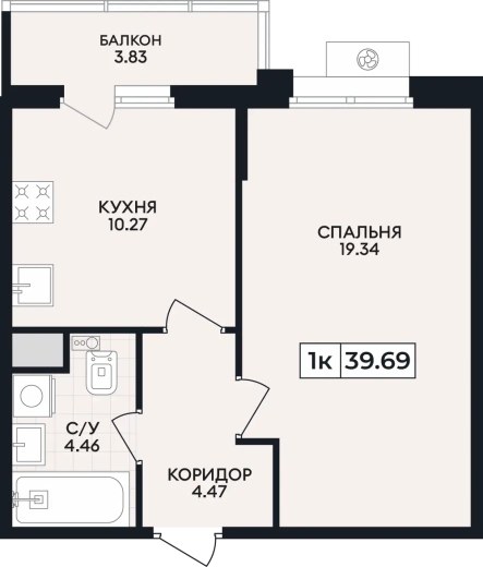 Квартира 1-комн. 39.69 кв. м