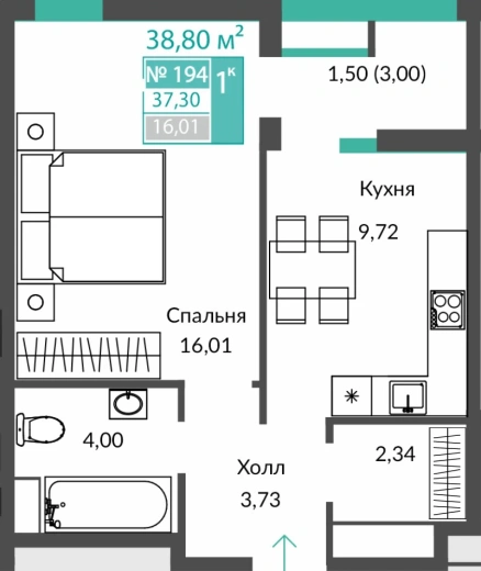 Квартира 1-комн. 37.3 кв.м