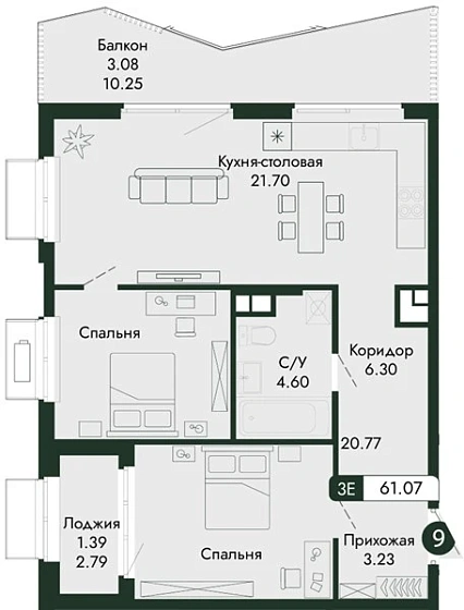 Квартира 2-комн. 61.07 кв. м