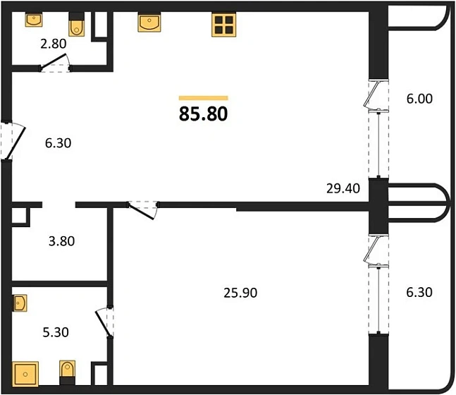 Квартира 1-комн. 85.8 кв. м