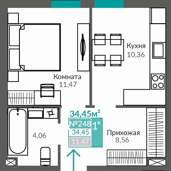 Квартира 1-комн. 34.45 кв.м