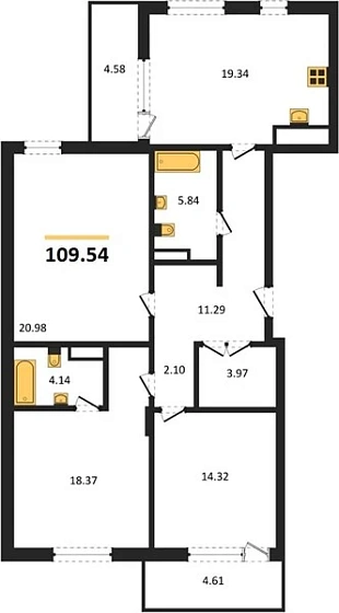 Квартира 3-комн. 109.54 кв. м