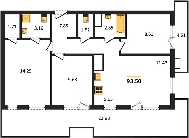 Апартаменты 3-комн. 93.5 кв. м