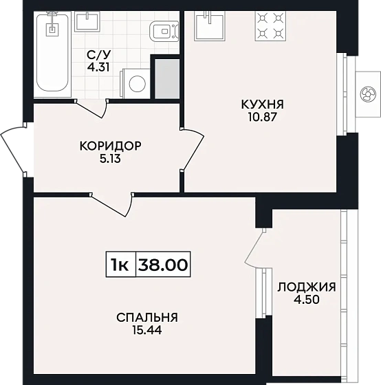 Квартира 1-комн. 38 кв. м