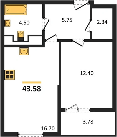 Квартира 1-комн. 43.58 кв. м