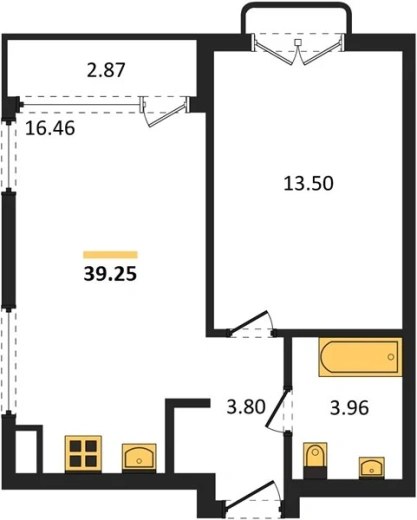 Квартира 1-комн. 39.25 кв. м