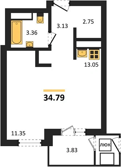 Квартира Студия 34.79 кв. м
