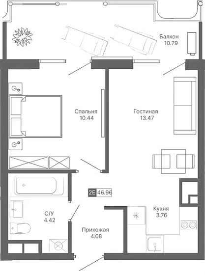Апартаменты 1-комн. 46.96 кв. м