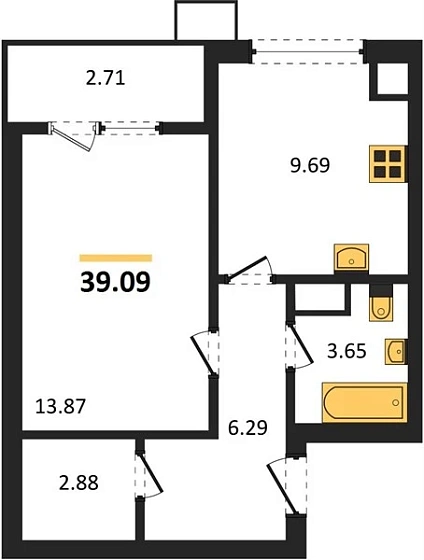 Квартира 1-комн. 39.09 кв. м
