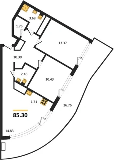 Апартаменты 2-комн. 85.3 кв. м