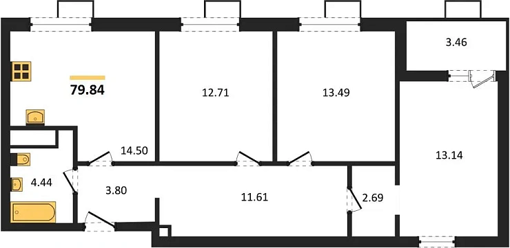Квартира 3-комн. 79.84 кв. м