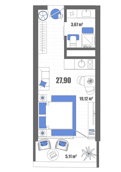 Апартаменты Студия 27.9 кв. м