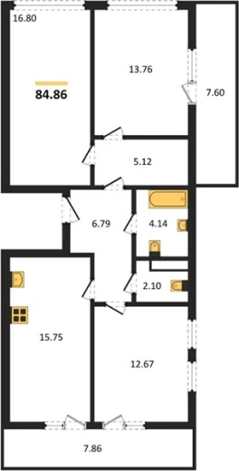 Квартира 3-комн. 84.86 кв. м