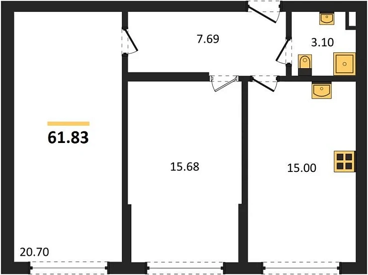 Квартира 2-комн. 61.83 кв. м