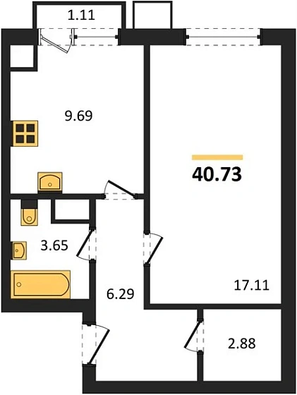 Квартира 1-комн. 40.73 кв. м