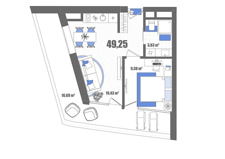 Апартаменты 1-комн. 49.25 кв. м