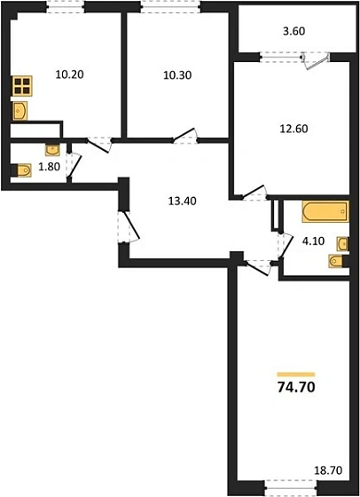 Квартира 3-комн. 74.7 кв. м