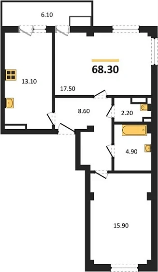 Квартира 2-комн. 68.3 кв. м