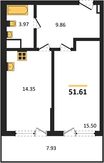 Апартаменты 1-комн. 51.61 кв. м