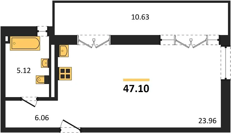 Квартира 1-комн. 47.1 кв. м