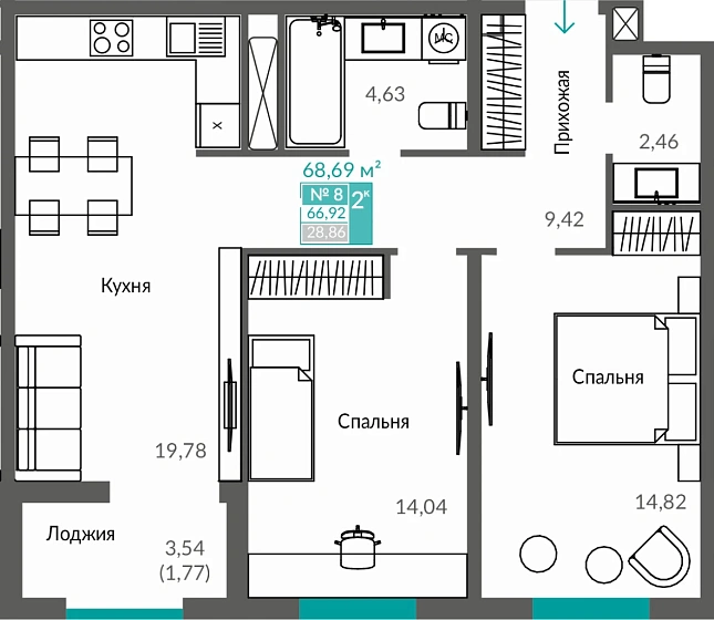 Квартира 2-комн. 66.92 кв.м
