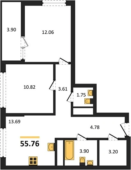 Квартира 2-комн. 55.76 кв. м