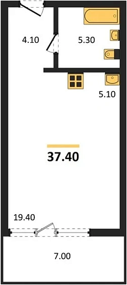Квартира 1-комн. 37.4 кв. м