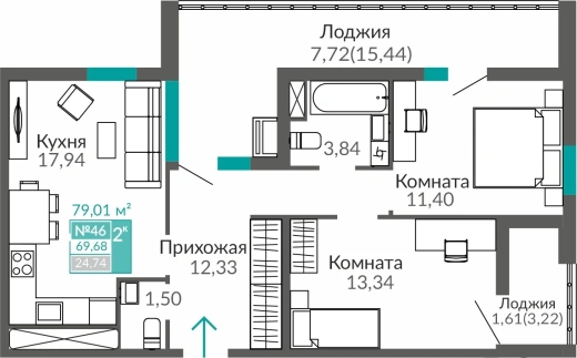 Квартира 2-комн. 69.68 кв.м