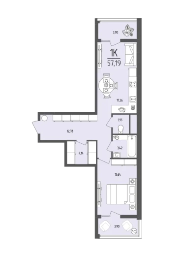 Квартира 1-комн. 57.19 кв. м