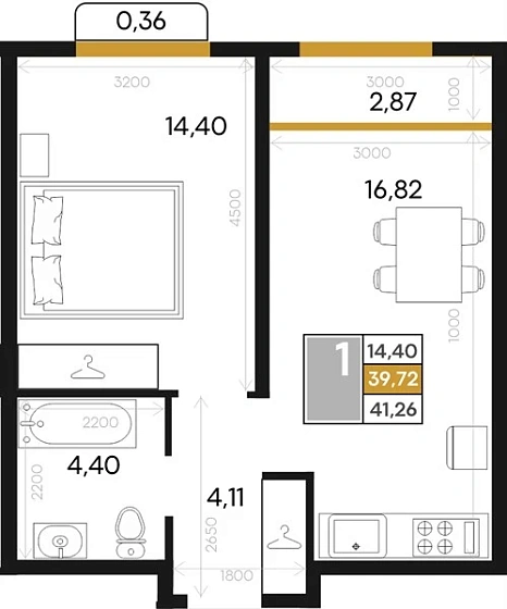 Квартира 1-комн. 41.26 кв. м