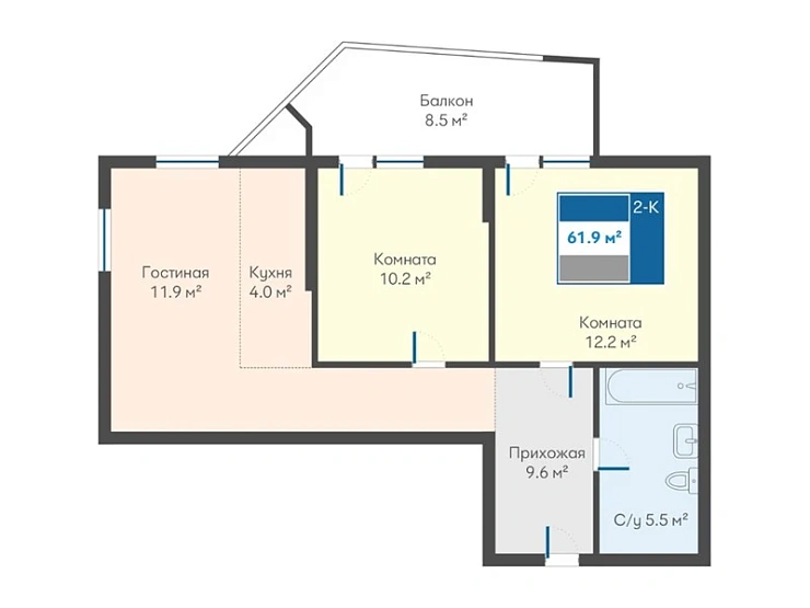 Квартира 2-комн. 61.9 кв. м