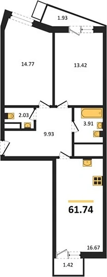 Квартира 2-комн. 61.74 кв. м