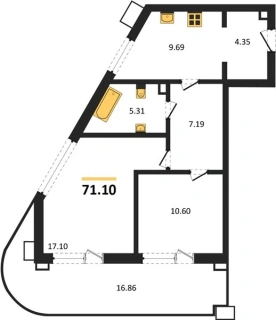 Апартаменты 2-комн. 71.1 кв. м
