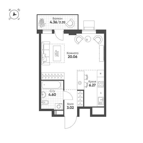 Квартира 1-комн. 35.26 кв. м