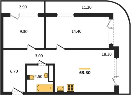Квартира 2-комн. 63.3 кв. м