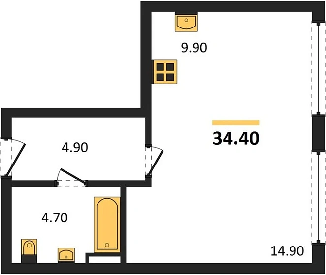 Квартира Студия 34.4 кв. м